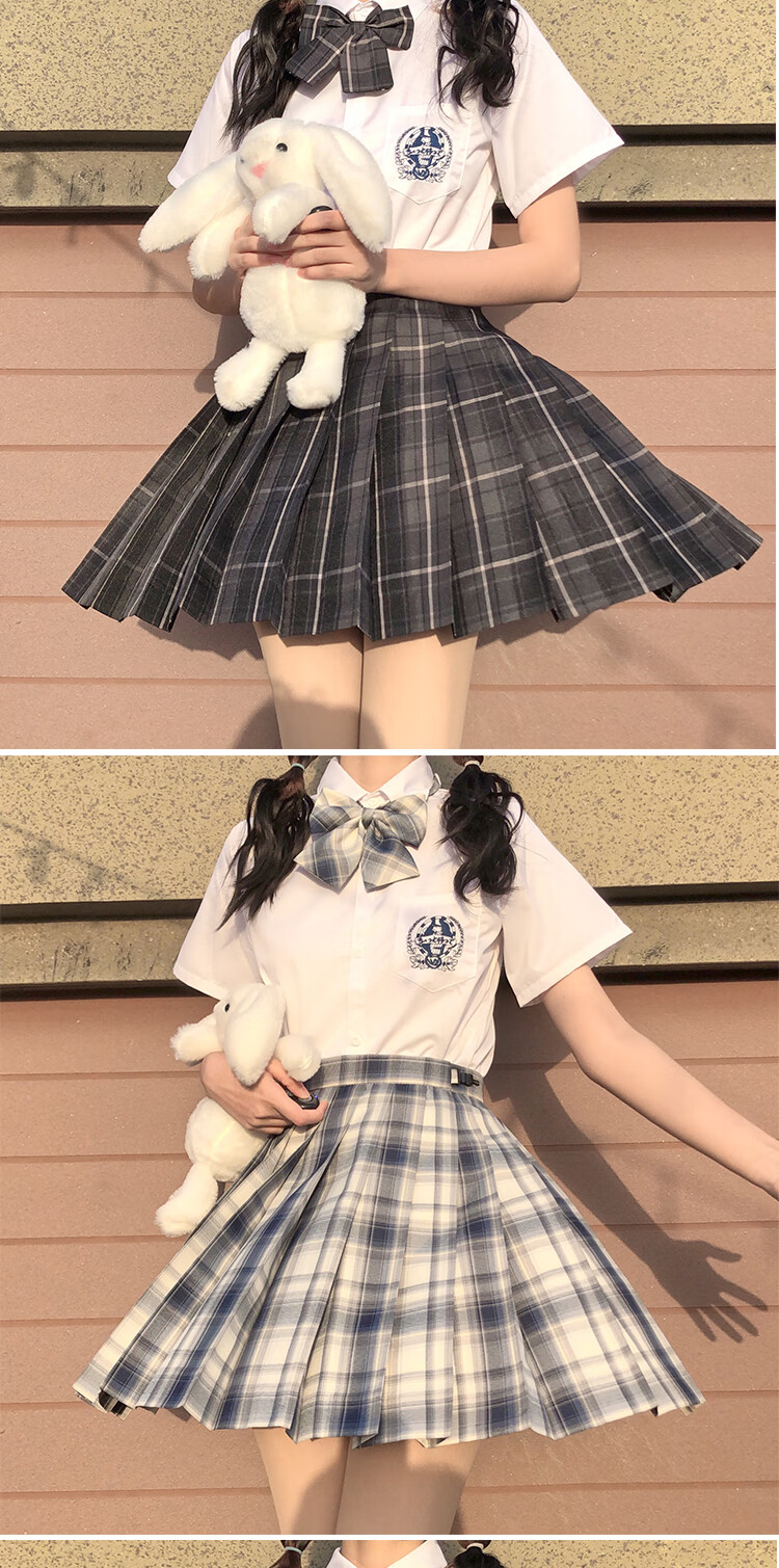 jk格裙jk制服女格短裙百褶夏季款a字纯欲子 咩野-[格裙 衬衫  领结