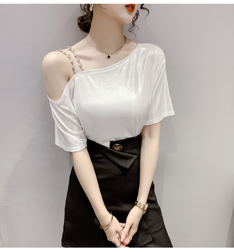 一字肩性感雪纺吊带上衣露肩膀的短袖女款夏季斜领漏锁骨中袖衫t恤
