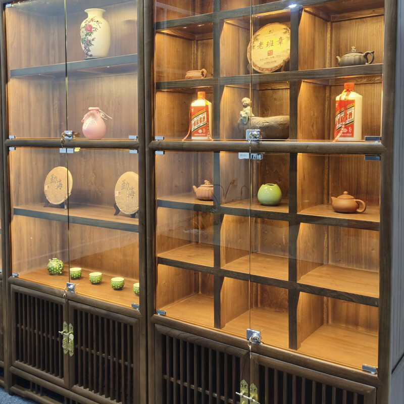 墨绩 古董收藏柜 榆木多宝阁玻璃带灯展柜茶叶展示柜现代茶饼收藏古董