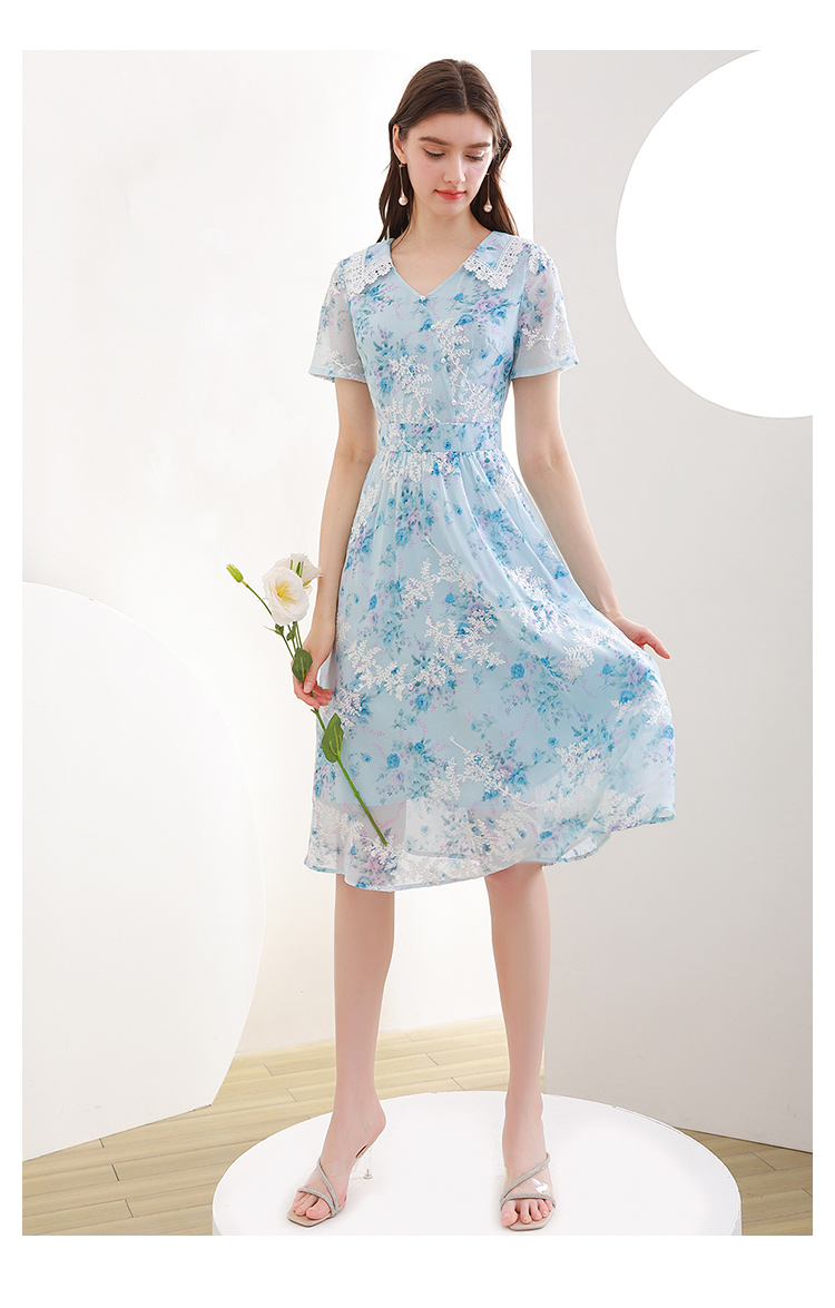 未风蓝色雪纺绣花连衣裙女夏2021年夏季新款高端气质优雅裙子 蓝色 s