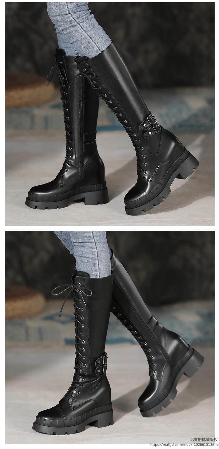 内增高长靴女厚底10厘米不过膝高筒靴女秋冬款复古骑士马靴 黑色单里