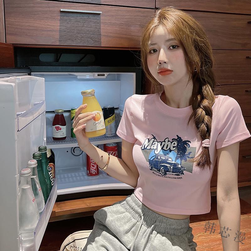 韩芯漫夏天新款时尚露脐装韩版超短女生露肚脐上衣学生短袖t恤女修身