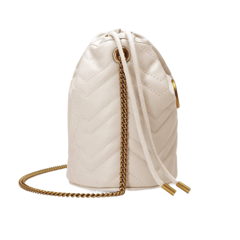 gucci古驰女士ggmarmont系列白色绗缝v型设计皮革迷你水桶包预售同款