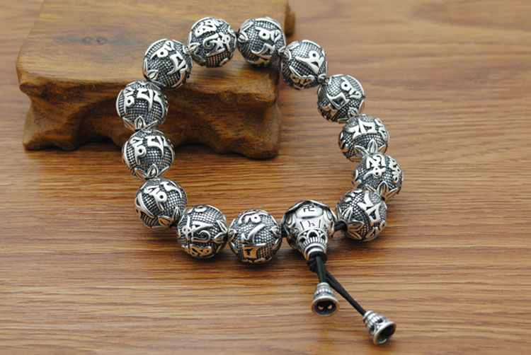 凌盛 银手串雪花银999足银足银六字真言男女心经佛珠念珠手链七夕情人