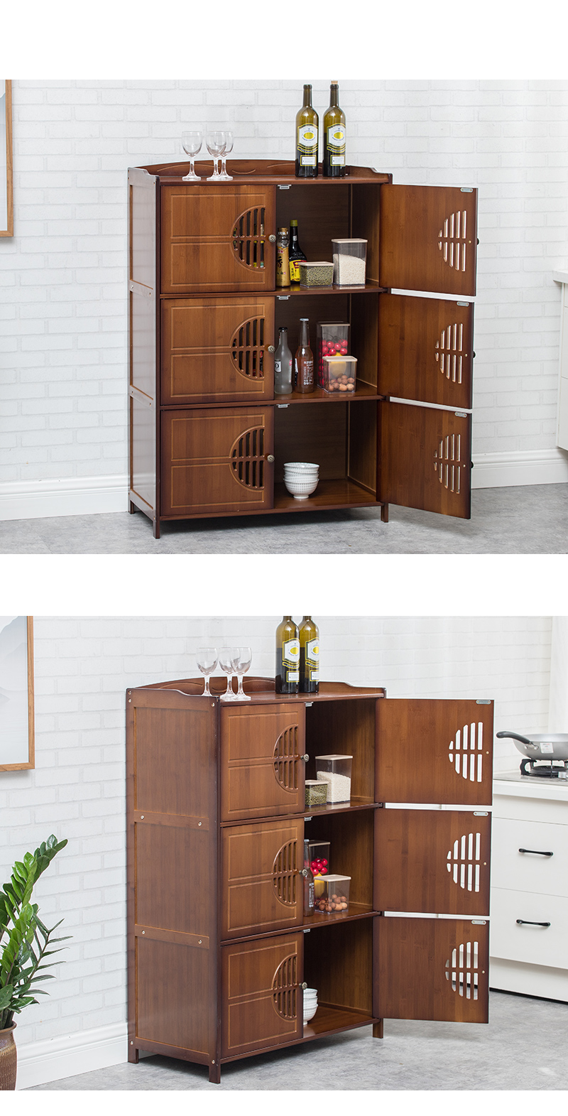 竹源溪楠竹餐边柜厨房小碗柜简约碗橱储物架简易老式菜柜微波炉柜80