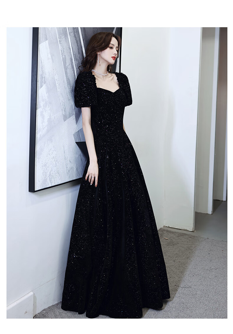 参加婚礼连衣裙黑色晚礼服2021新款夏季法式公主气质长款星空宴会质感