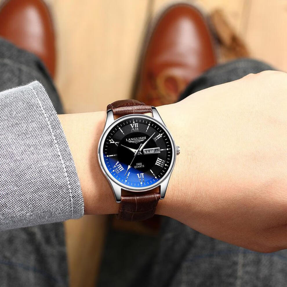 朗利士进口机芯男士手表男学生防水双日历韩版时尚网红潮流款机械表