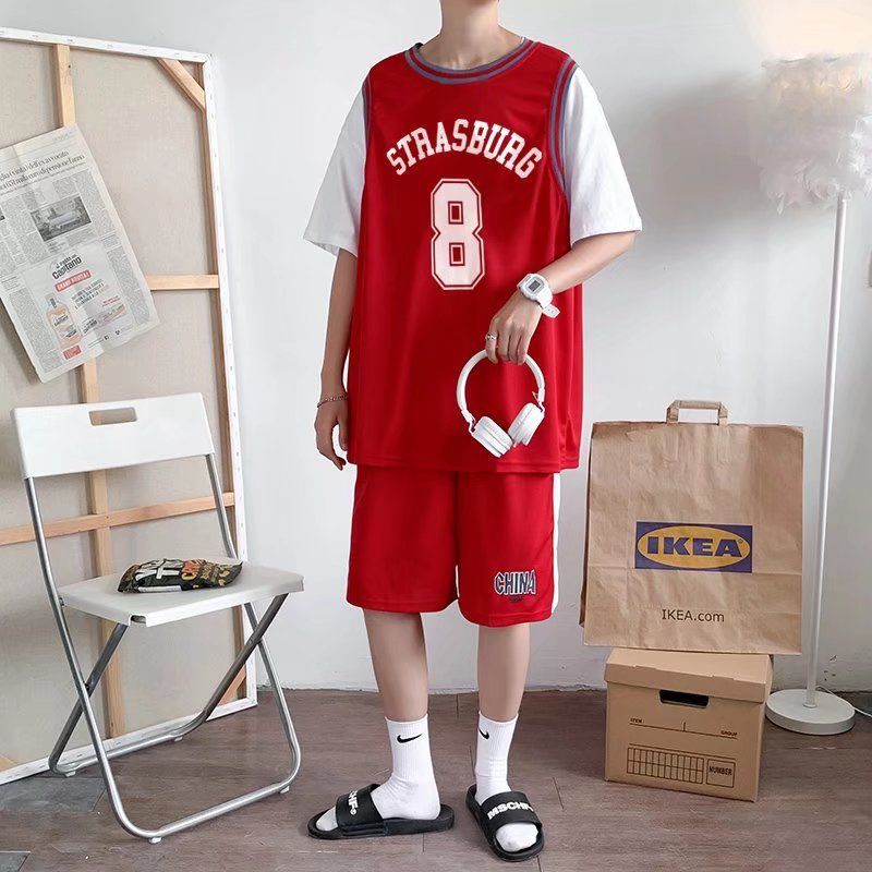 美何青少年篮球服套装男夏季假两件球衣短袖t恤加肥加大男装一套搭配