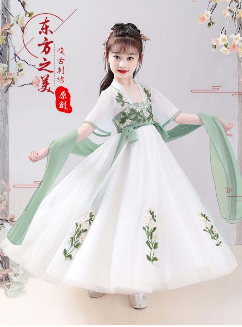 火山鸟儿童古装汉服10岁女童夏季薄款古风公主裙中小学生活动演出服