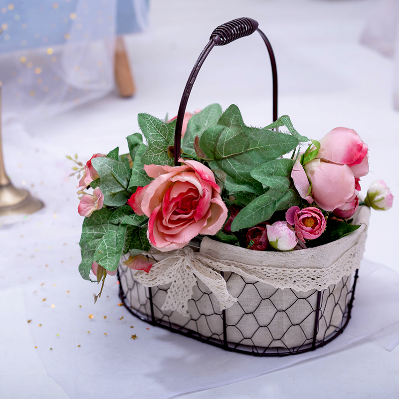 苏茂铁艺手提花篮编织花篮客厅摆件花艺插花干花鲜花花篮黑丝铁丝网长