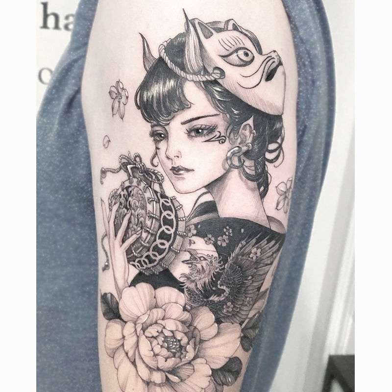 个性黑白花臂般若面具艺纹身贴纸防水女仿真性感日系网红潮角艺伎5张