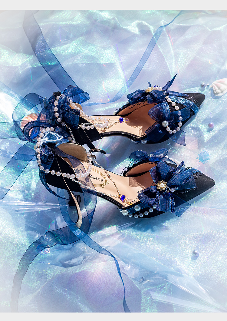 洛丽塔鞋子法式少女lolita高跟鞋lo鞋花嫁洛丽塔沉汐细闪尖头高跟鞋深