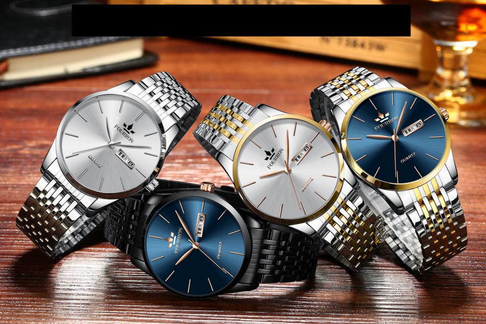 fourron手表男士日历时尚休闲商务男腕表薄泛蓝光玻璃黑色钢带石英表