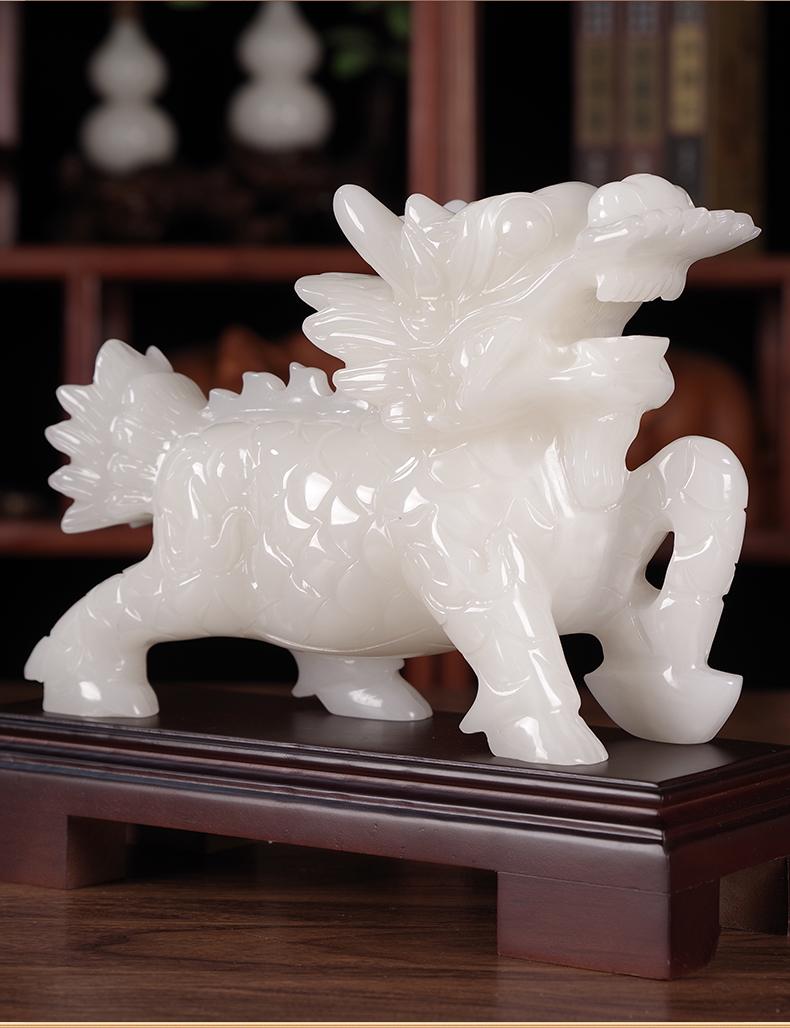 昨日青空玉石麒麟摆件一对酒柜办公室桌装饰 店铺客厅商铺摆设品 小号
