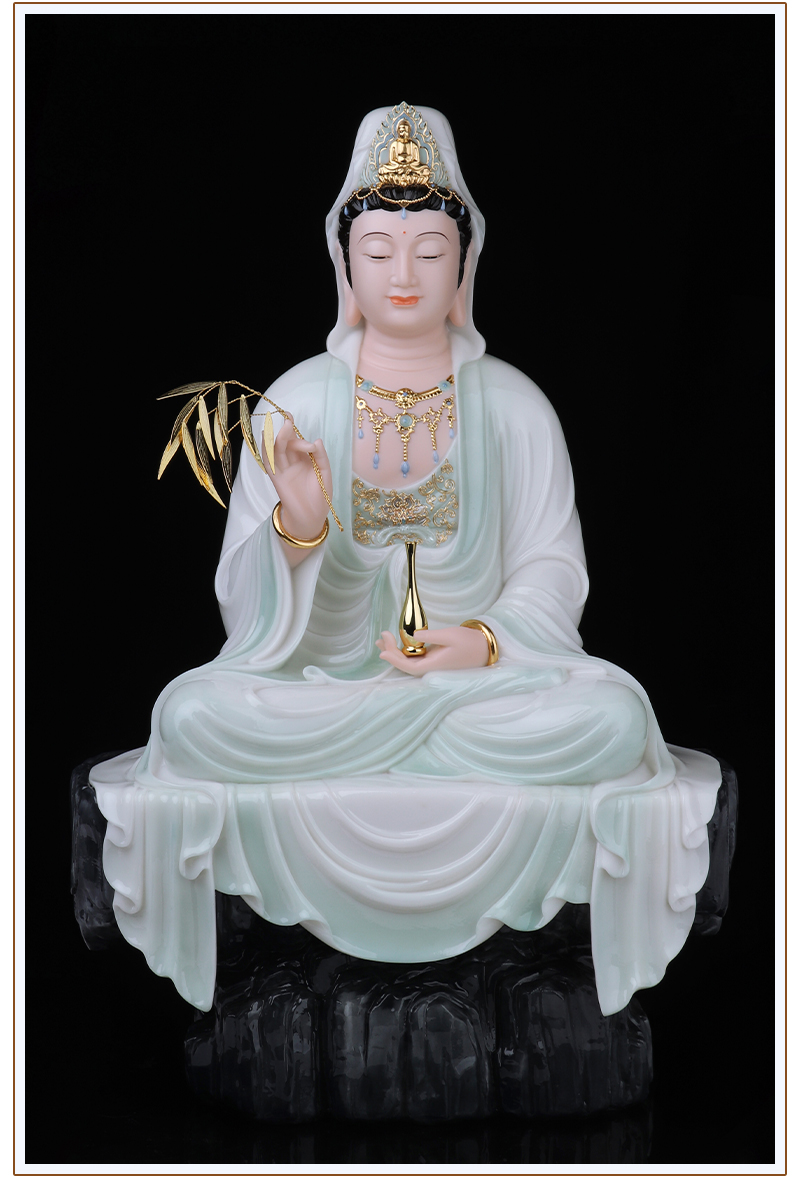 七宝莲 汉白玉自在禅定观音佛像家用水月观音菩萨南海观世音客厅摆件