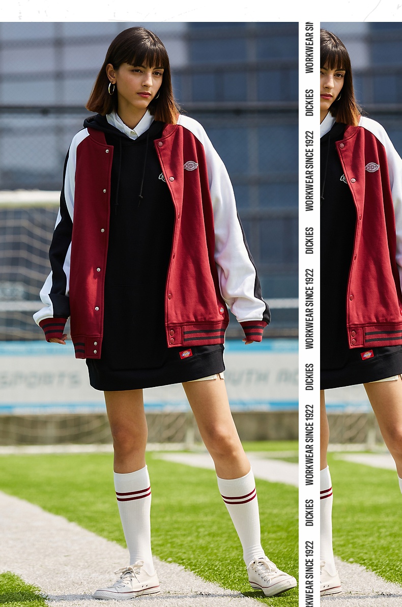 dickies棒球服印花撞色夹克女士秋季情侣款学院风厚外套棒球服女dk