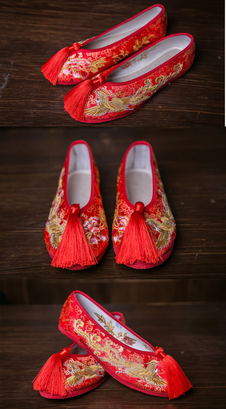 婚鞋新娘秀禾鞋中式婚礼龙凤绣布鞋千层底平底绣花鞋布803千层底35