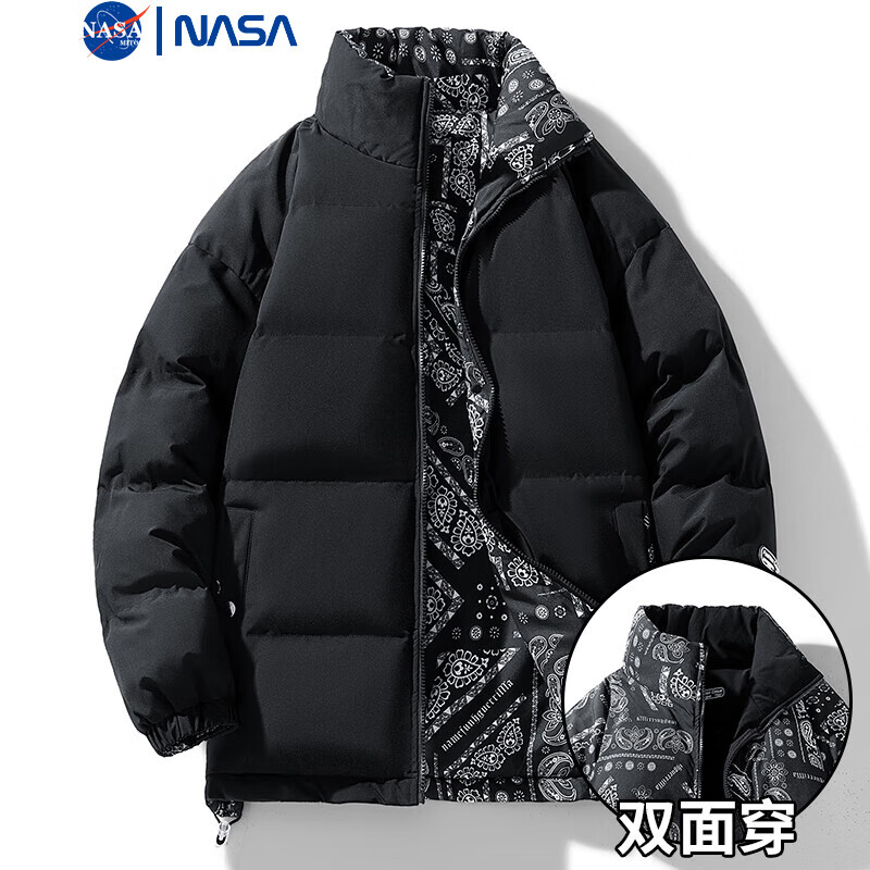 NASAMITOO双面穿棉服外套男士2023冬季新款NASA宽松休闲简约纯色保暖棉衣 黑色 2XL（建议155-170斤左右）