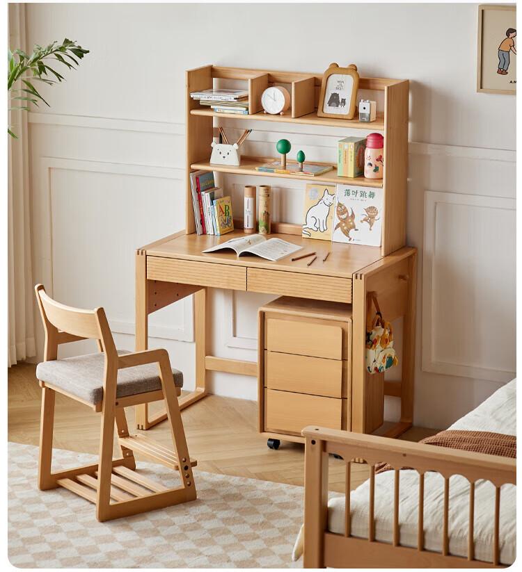 全实木书桌书架一体家用学生写字桌欧洲榉木升降学习桌子 书桌1米 高
