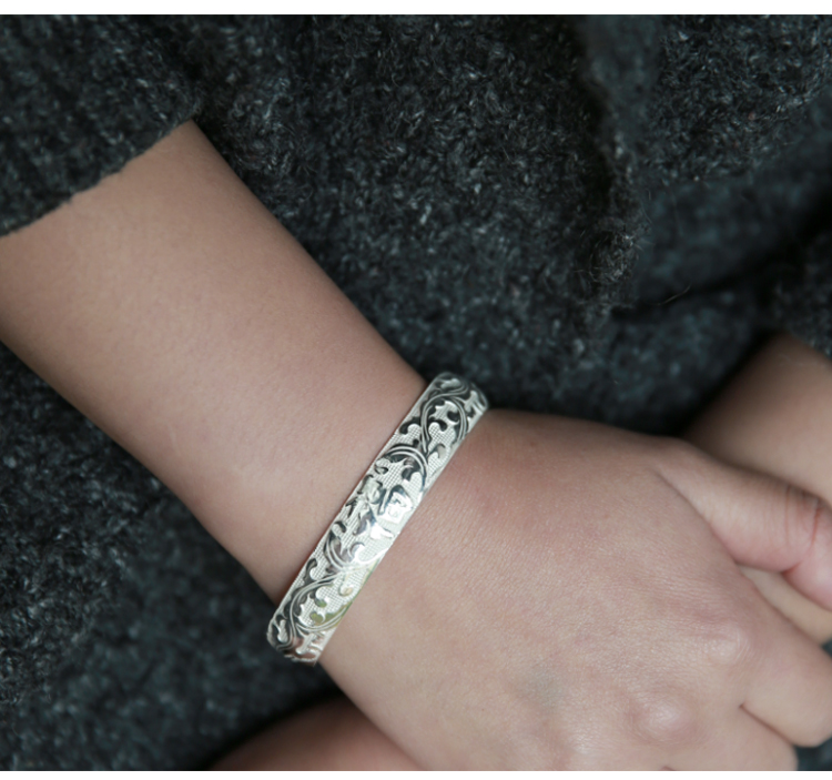 坊足银999福字银镯刻花贵妃传统实心开口银手镯送妈妈 足银999 福字镯
