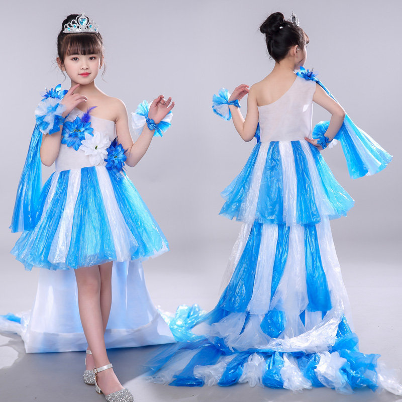 环保时装秀女孩六一儿童环保服装幼儿园手工创意diy亲子演出女童时装