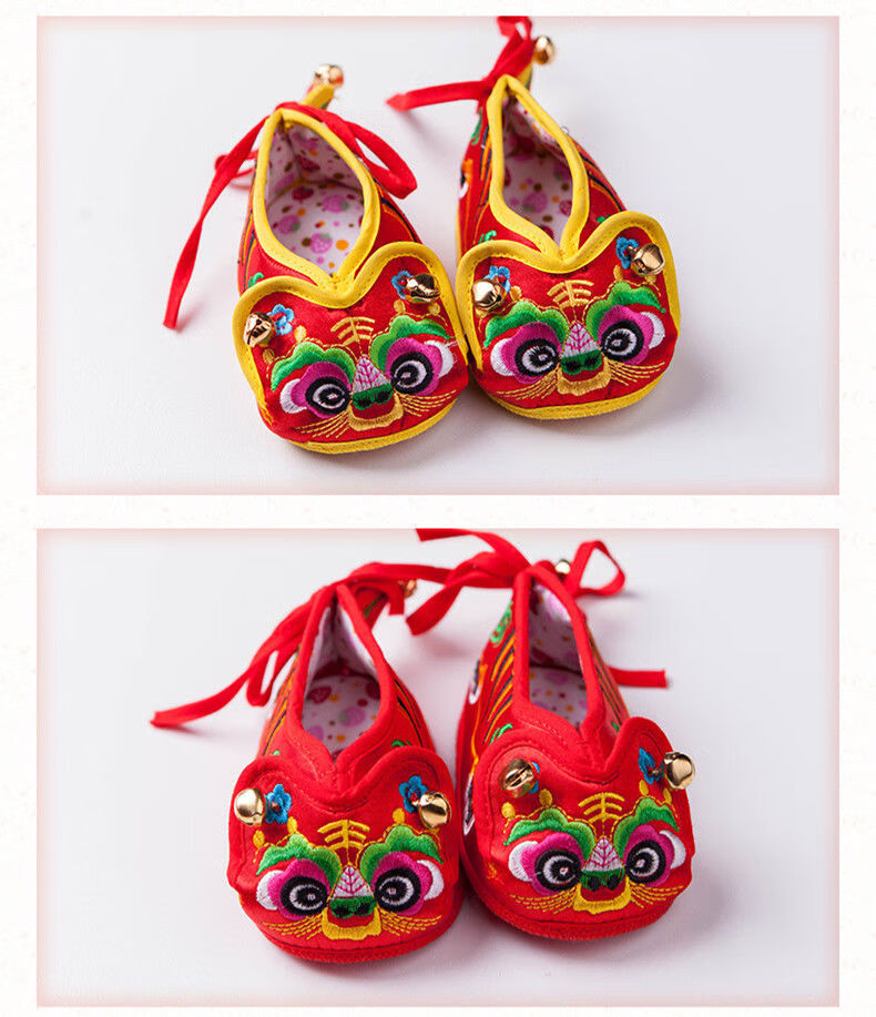 宝宝百天周岁软底婴儿鞋老虎头布鞋手工刺绣中国风 红色(福虎鞋) s码