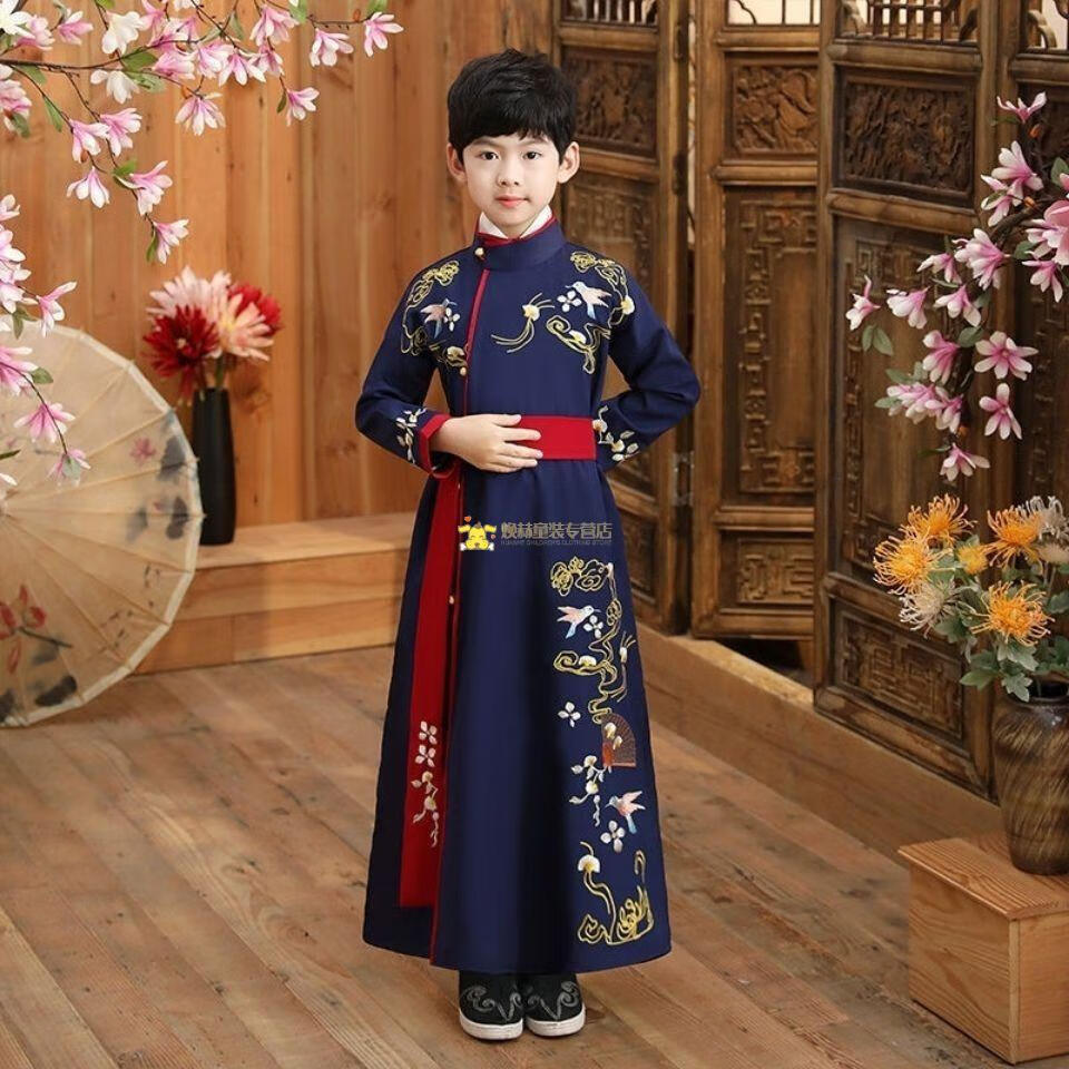 洛童欧男童汉服春秋款413岁小男孩古装儿童中国风复古唐装古装书童