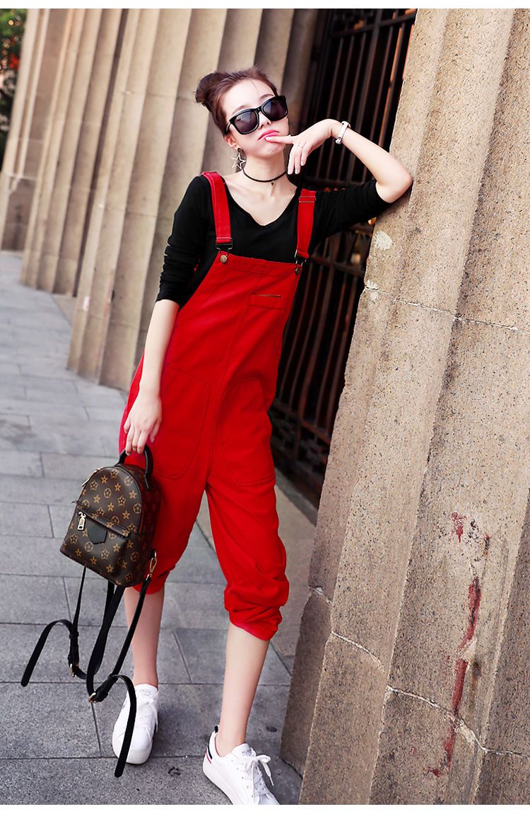 蒂美吉新上架高质量红色牛仔背带裤女2021款韩版显瘦宽松潮原宿风森女