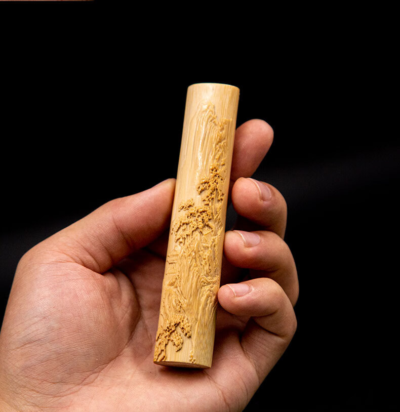 艺竹情纯手工实心玉竹竹雕《浮雕山水》竹子文玩收藏实心竹把玩件