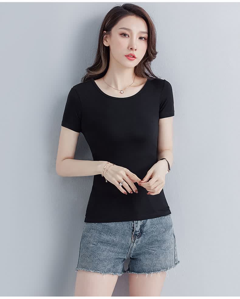 莫代尔短袖t恤女修身圆领黑色体恤ins夏季新款女士贴身上衣打底衫白色