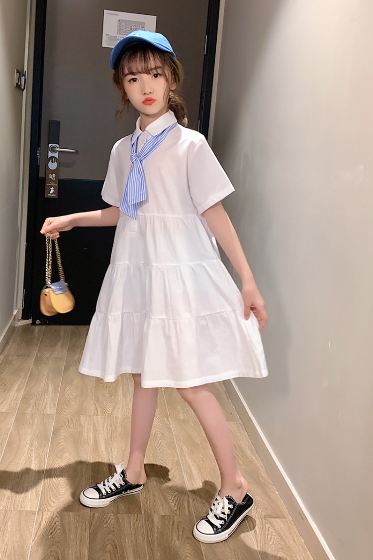 夏季宽松时尚学院风纯色短袖领带百褶裙315岁女孩夏天穿的裙子白色120