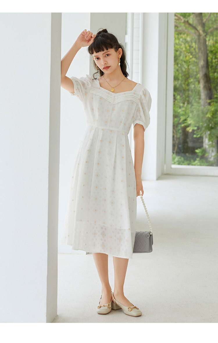 自巧小个子法式泡泡袖白色连衣裙女夏新款温柔风裙子雪纺长裙白色波点