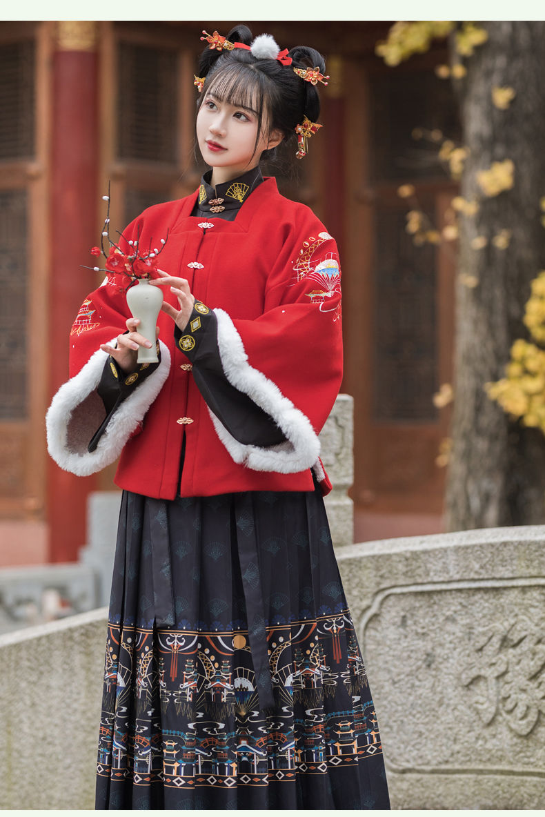 visrea未央宫【寒月宫】明制汉服方领半袖加绒加厚秋冬毛呢刺绣短袄褶