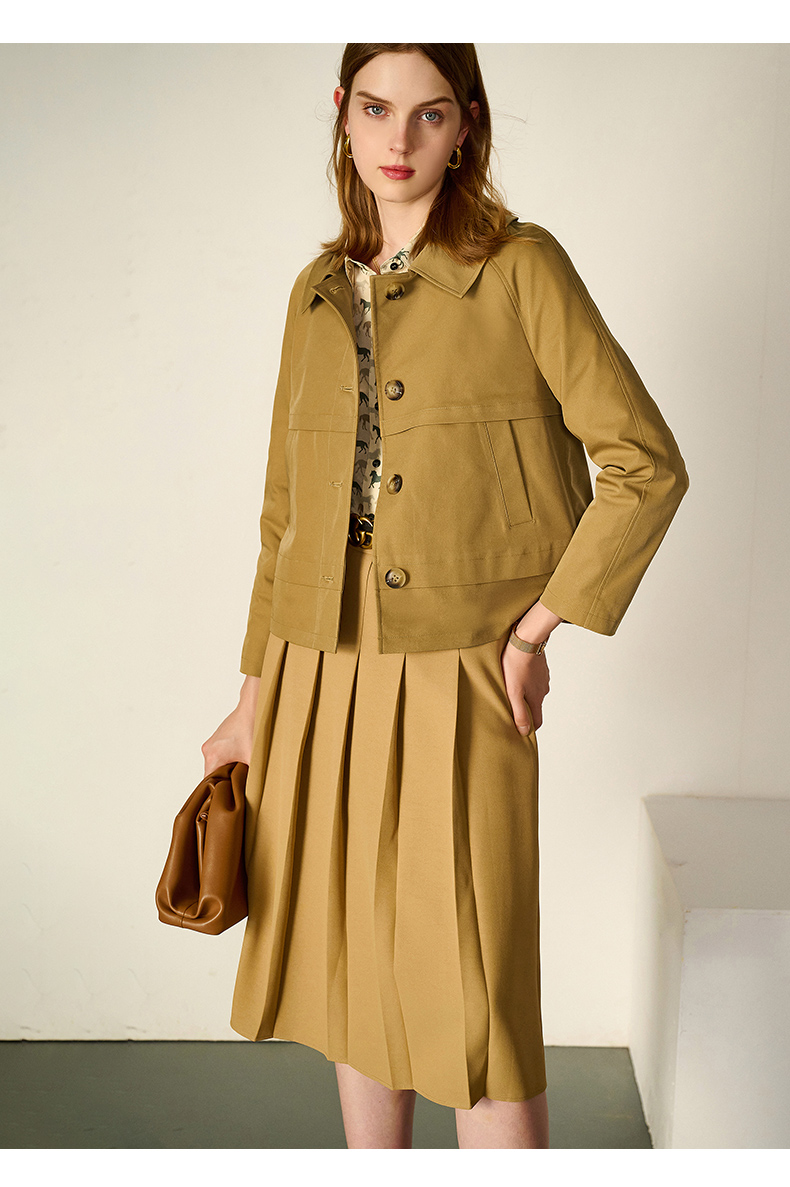 法曼萱浅驼色方领短款风衣外套女秋季2022年新款时尚气质长袖上衣浅