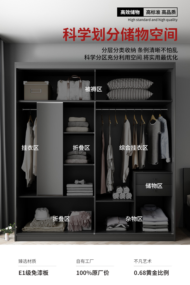 艾森雅推拉门衣柜现代移门衣橱简约储物滑门大衣柜组合北欧卧室衣柜子 1.6米衣柜(内置穿衣镜) 2门  需自行组装