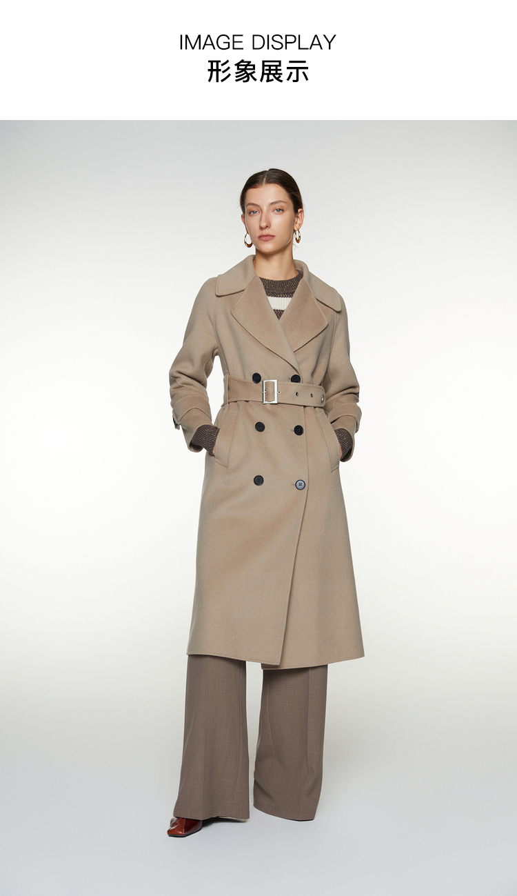 恩裳2021冬季新款时尚简约绵羊毛大翻领宽松长款毛呢外套大衣女 驼色