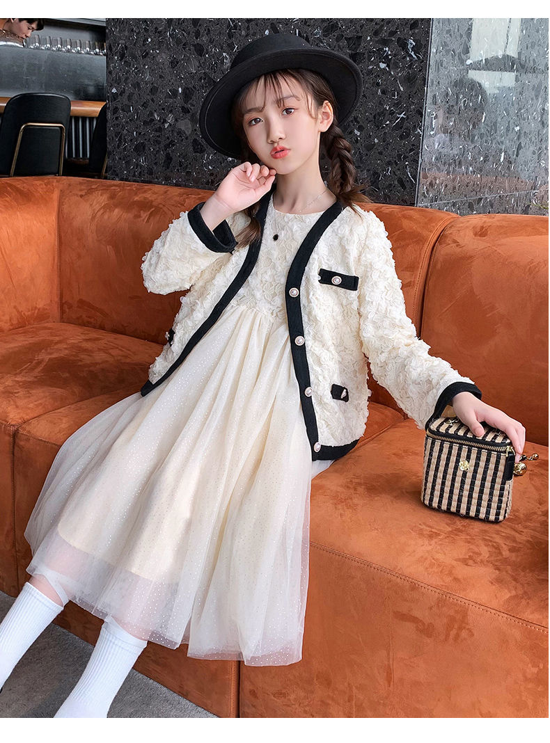 女童连衣裙套装新款儿童春秋装中大童小女孩气质纱裙两件套裙 杏色