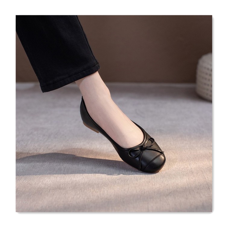 女士真皮豆豆瓢鞋2022早春蝴蝶结圆头芭蕾舞平底浅口单鞋女软底休闲小