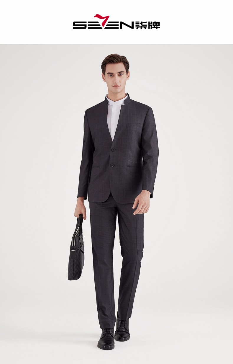 中华立领柒牌男装商务男士正装套西2021秋季新款礼服西服套装深灰44b