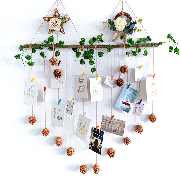墙上挂照片装饰手工麻绳树枝松果壁饰客厅墙饰房间室内装饰照片挂件
