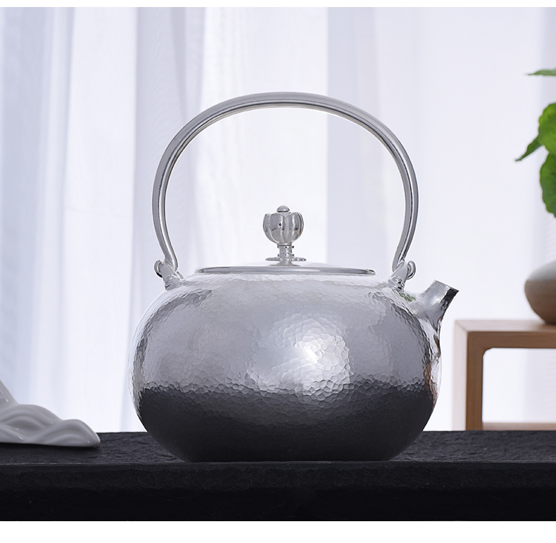 百岁坊足银990 暮江吟壶 亮白光面烧水银壶 足银990 暮江吟烧水壶 约