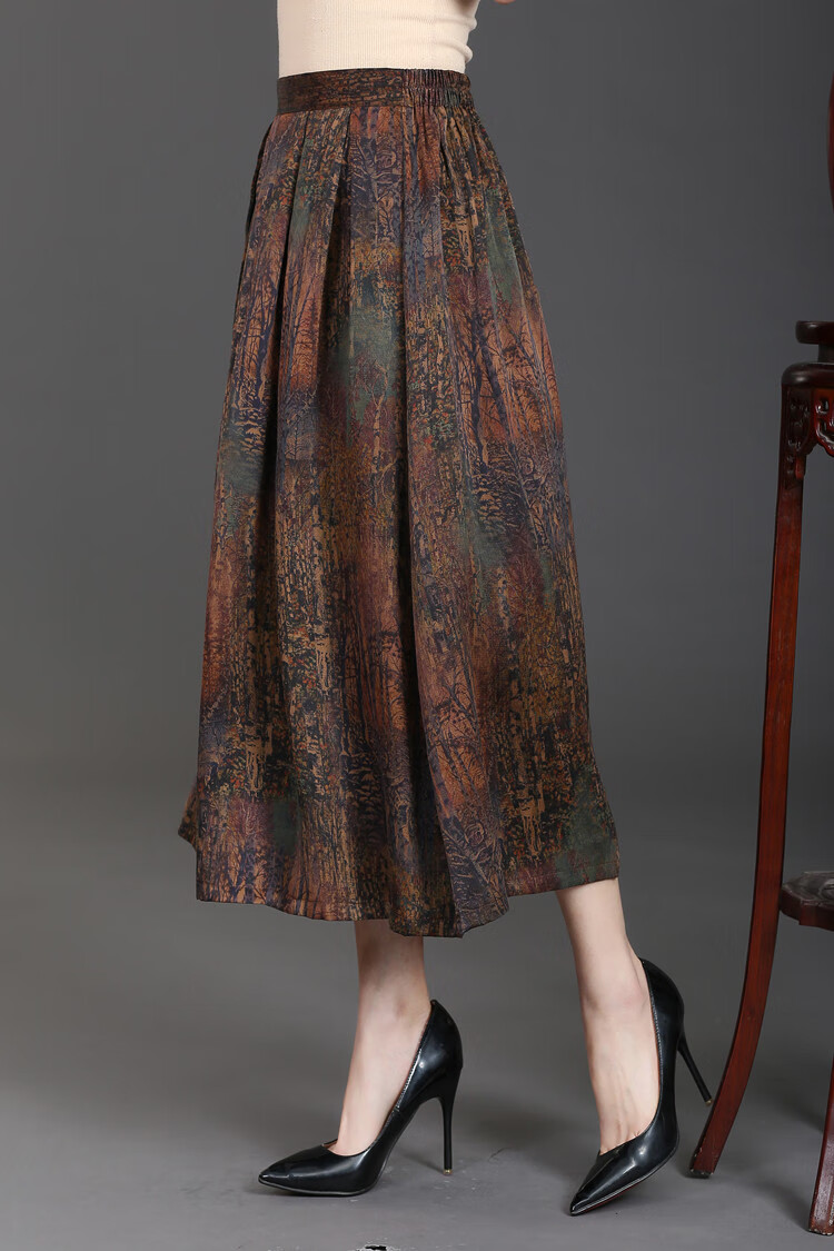 中老年真丝半身裙夏季香云纱大摆裙长款中年女士夏装裙子百搭修身收腰