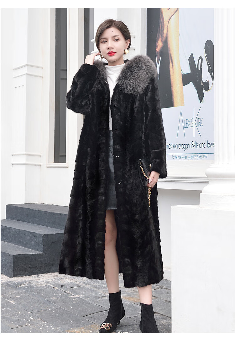 大衣女长款连帽水貂毛拼貂女装外套海宁皮草批发新款裘皮冬银兰色狐狸