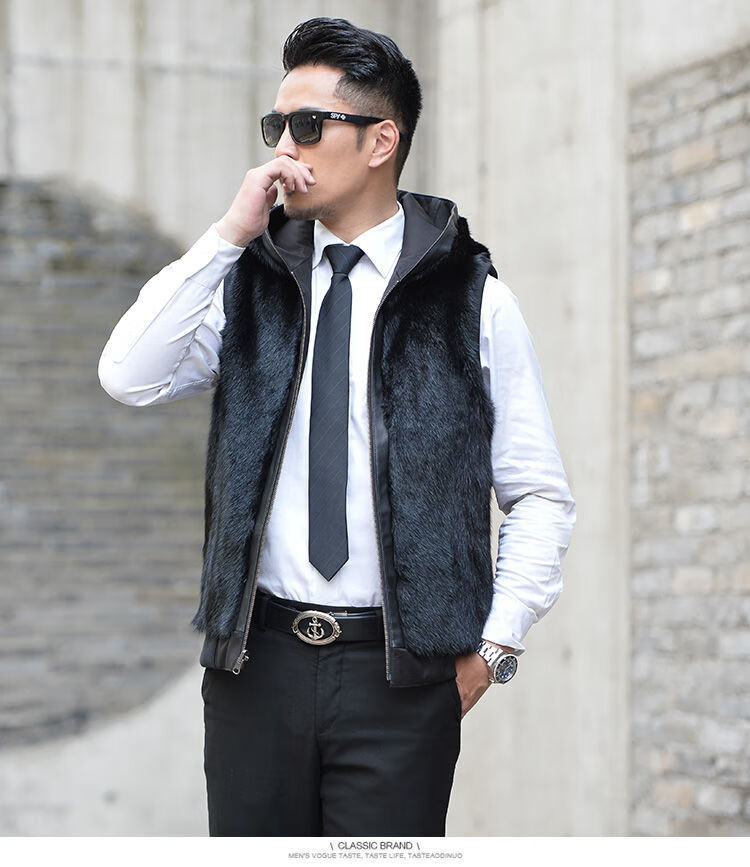 轻奢高端品质整貂皮马甲男水貂毛真貂皮草背心中老年坎肩连帽马夹保暖