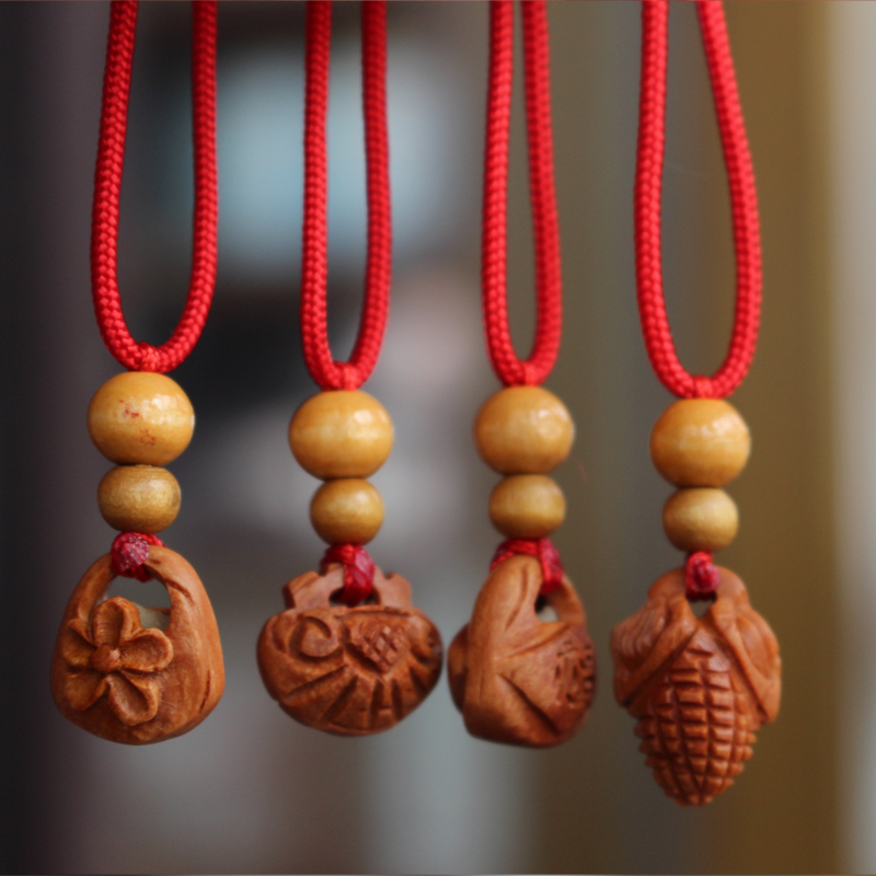 若冠(rg)本命年桃核雕刻项链桃篮如意锁长命锁儿童大人挂件吊坠含绳子