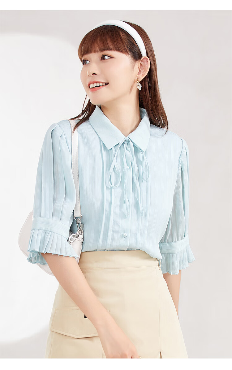 a21女装梭织合体翻领七分袖全开襟上衣衬衫粉青蓝l