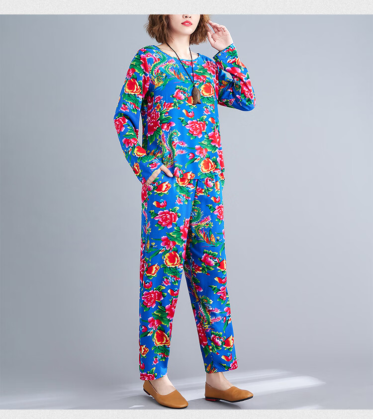 棉绸套装女春秋东北大花人造棉两件套时尚外穿宽松大码睡衣家居服