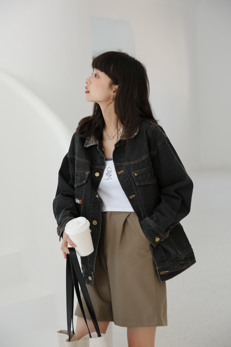 刘美人牛仔外套女2021秋季新款韩版宽松bf港味复古豹纹翻克潮女短外套
