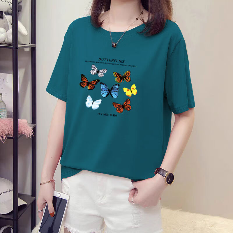 大码女装胖mmt恤短袖夏装宽松显瘦遮肚休闲半浅绿小鱼花朵m80100斤
