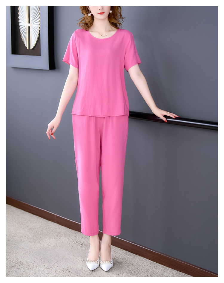 绵绸居家服可外穿棉绸套装女夏季短袖纯色大码九分裤时尚外穿休闲绵绸
